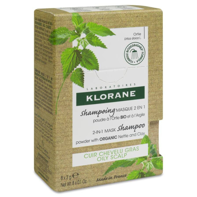 KLORANE CHAMPU MASCARILLA 2 EN 1 POLVO A LA ORTIGA Y A LA ARCILLA 8 SOBRES 3 G