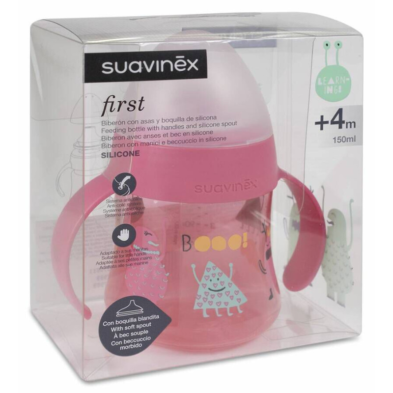 BIBERON SILICONA SUAVINEX ENTRENA ANTIDERRAME ASAS + 6 MESES 1 UNIDAD FIRST 150 ML