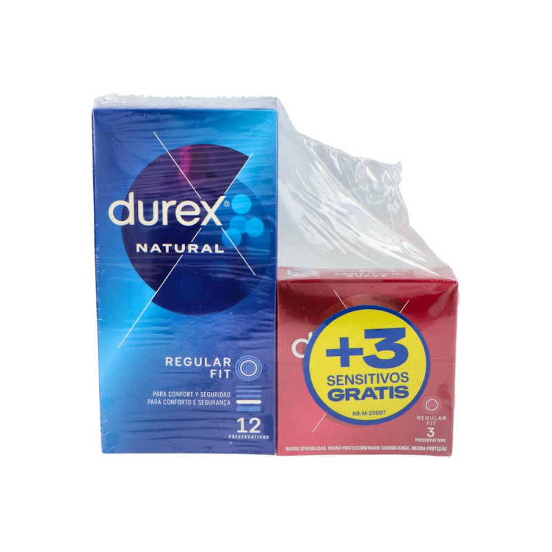 DUREX NATURAL PLUS + DUREX SENSITIVO CONFORT PRESERVATIVOS 12 + 3 PRESERVATIVOS PACK