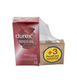 DUREX SENSITIVO CONTACTO TOTAL+ DUREX REAL FEEL PRESERVATIVOS 12 UNIDADES + 3 UNIDADES PROMOCION