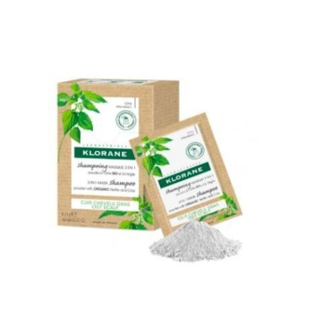 KLORANE CHAMPU MASCARILLA 2 EN 1 POLVO A LA ORTIGA Y A LA ARCILLA 8 SOBRES 3 G
