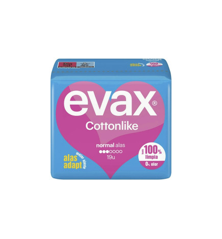 COMPRESAS HIGIENICAS FEMENINAS EVAX COTTONLIKE NORMAL CON ALAS 19 COMPRESAS