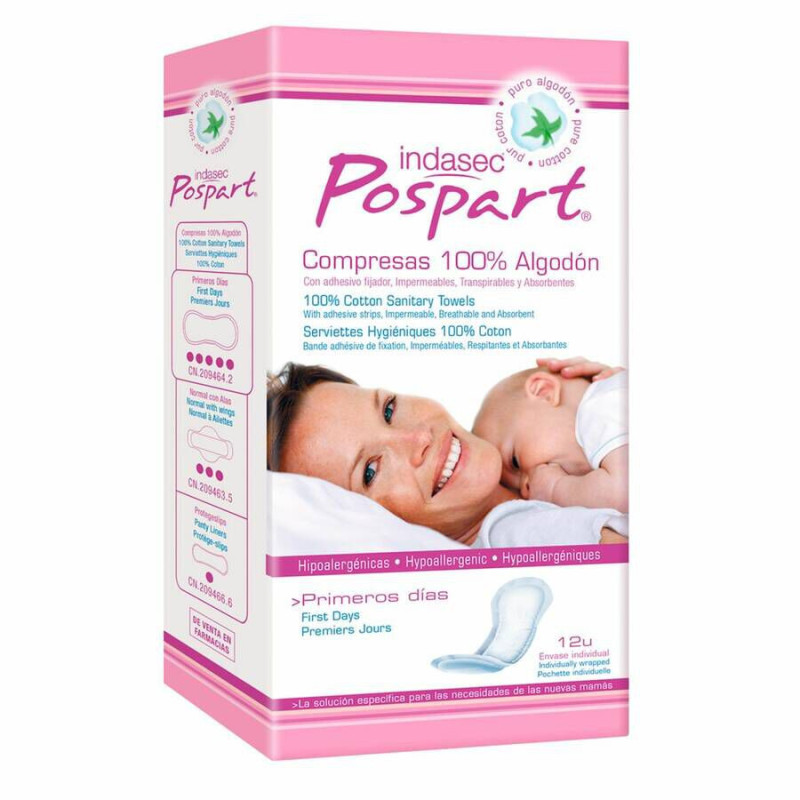 COMPRESAS POSTPARTO INDASEC PRIMEROS DIAS ALGODON 12 UNIDADES