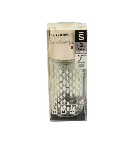 BIBERON VIDRIO TETINA FISIOLOGICA SILICONA BONHOMIA 1 UNIDAD 240 ML TALLA M