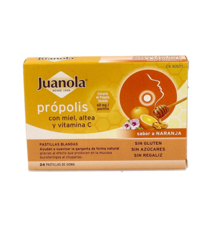 JUANOLA PROPOLIS MIEL ALTEA Y VITAMINA C 24 PASTILLAS DE GOMA SABOR NARANJA