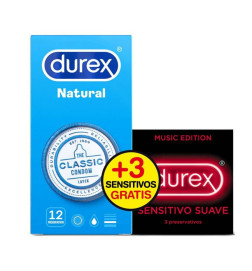 DUREX NATURAL PLUS + DUREX SENSITIVO CONFORT PRESERVATIVOS 12 + 3 PRESERVATIVOS PACK